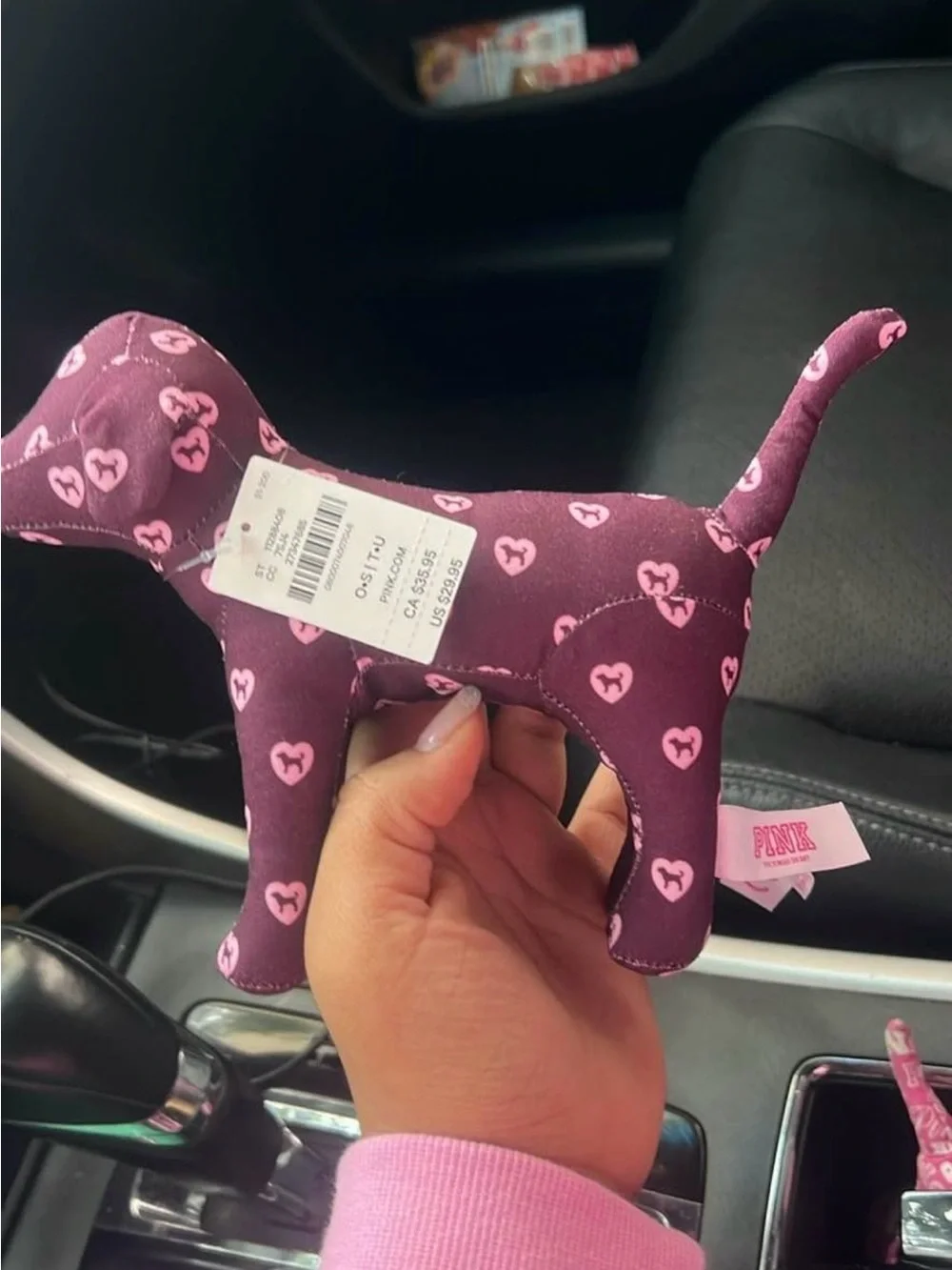 VS PINK Plush Dog Toy in Purple with Pink Heart Pattern